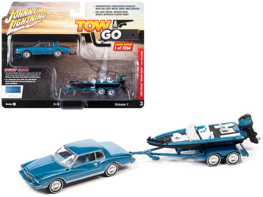 1980 Chevrolet Monte Carlo Bright Blue Metallic with Blue Interior with Bass Boat and Trailer Limited Edition to 7264 pieces Worldwide "Tow & Go" Series 1/64 Diecast Model Car by Johnny Lightning-0