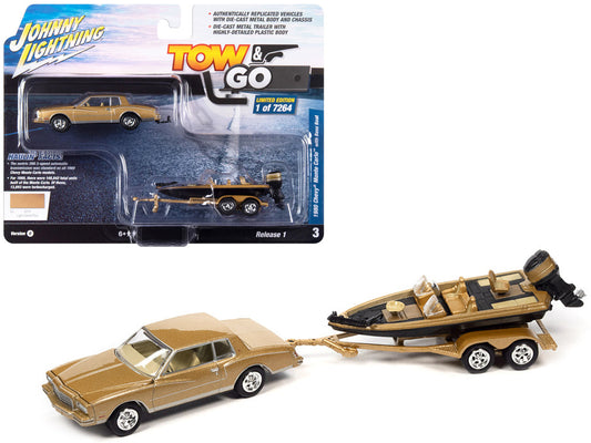 1980 Chevrolet Monte Carlo Light Camel Gold Metallic with Bass Boat and Trailer Limited Edition to 7264 pieces Worldwide "Tow & Go" Series 1/64 Diecast Model Car by Johnny Lightning-0