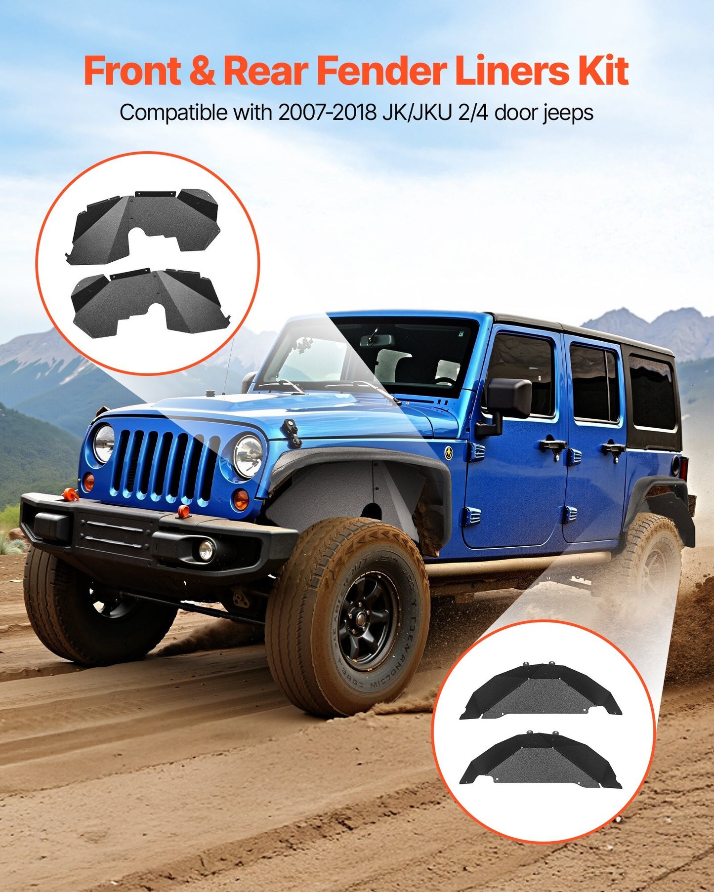 Inner Fender Liner, Front & Rear Fender Liner Compatible with 2007-2018 Jeeps JK/JKU 2/4 Doors, Steel Mud Guards Bolt-on Style Fenders Flare, Wheel Well Cover Fenders Flare Liners, Black - American Smart