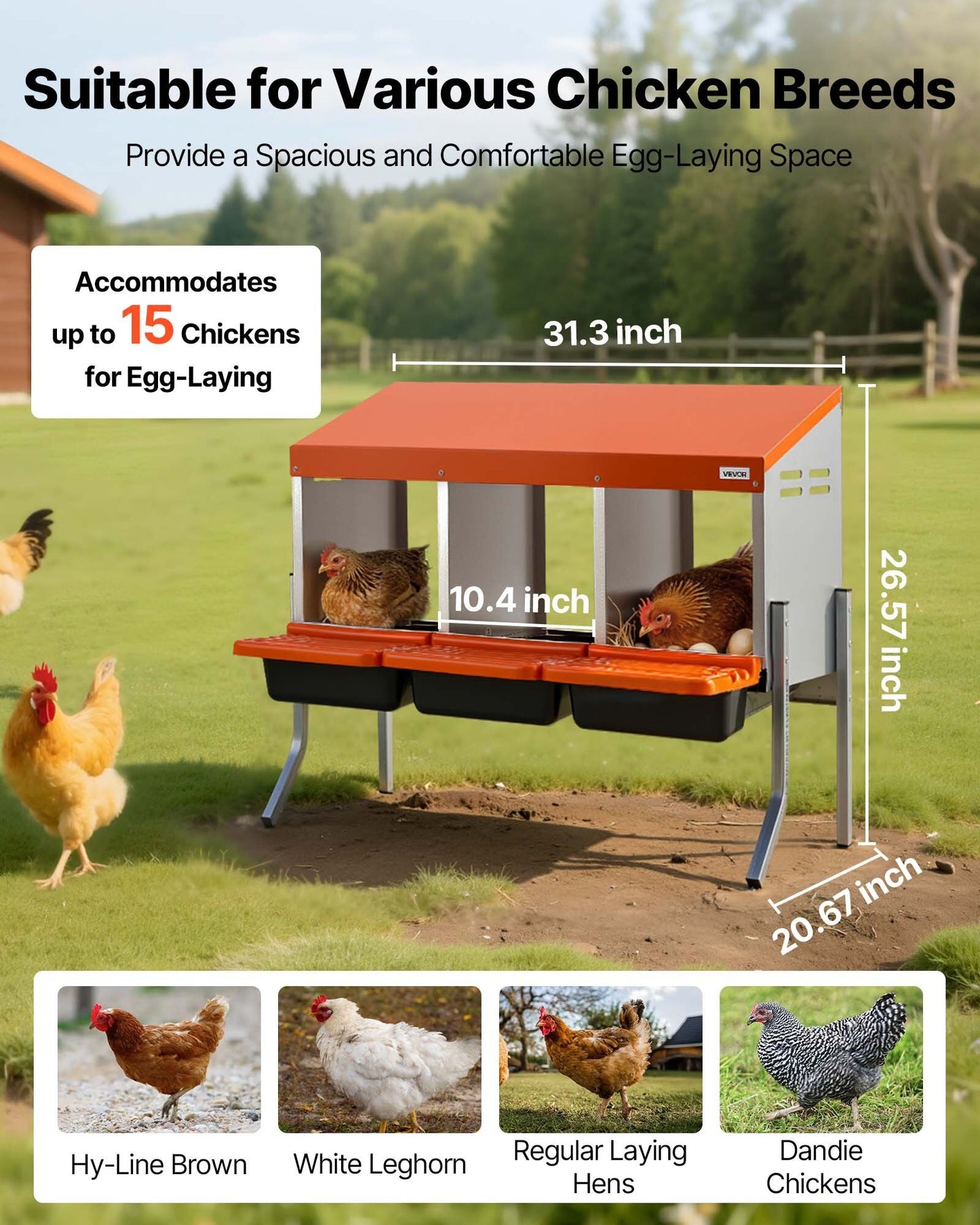 Chicken Nesting Boxes, 3 Compartments, with Support Legs, Easy Egg Collection, Galvanized Steel and High-Strength Plastic, Roll Away Nesting Boxes for Chickens and Hens Laying Eggs, Orange