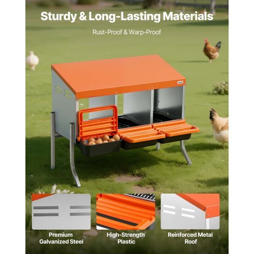 Chicken Nesting Boxes, 3 Compartments, with Support Legs, Easy Egg Collection, Galvanized Steel and High-Strength Plastic, Roll Away Nesting Boxes for Chickens and Hens Laying Eggs, Orange