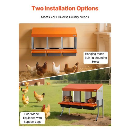 Chicken Nesting Boxes, 3 Compartments, with Support Legs, Easy Egg Collection, Galvanized Steel and High-Strength Plastic, Roll Away Nesting Boxes for Chickens and Hens Laying Eggs, Orange