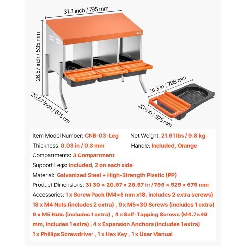 Chicken Nesting Boxes, 3 Compartments, with Support Legs, Easy Egg Collection, Galvanized Steel and High-Strength Plastic, Roll Away Nesting Boxes for Chickens and Hens Laying Eggs, Orange