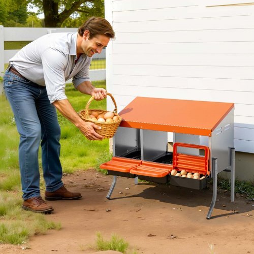 Chicken Nesting Boxes, 3 Compartments, with Support Legs, Easy Egg Collection, Galvanized Steel and High-Strength Plastic, Roll Away Nesting Boxes for Chickens and Hens Laying Eggs, Orange