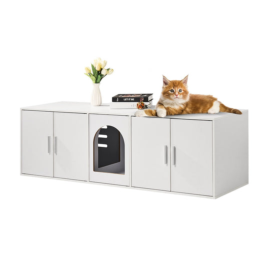 Cat Litter Box Enclosure for 2 Cats, Litter Box Furniture Hidden with Double Rooms, Wooden Cat Box Cabinet Fit Most of Litter Box, 57.9"L x 18.3"W  x 17.9"H, White - American Smart