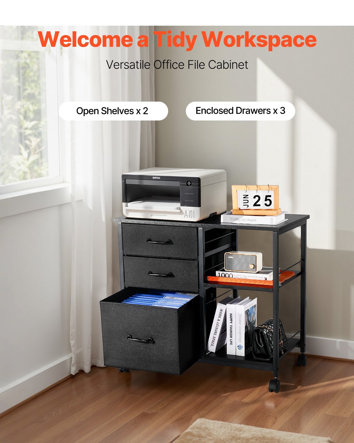 Metal File Cabinet, Mobile Filing Cabinet with 3 Fabric Drawers and 2 Open Shelves, Wooden Vertical Filing Storage Cabinets with Wheels for Letter, A4, Legal Size File, Easy Assembly, Black - American Smart