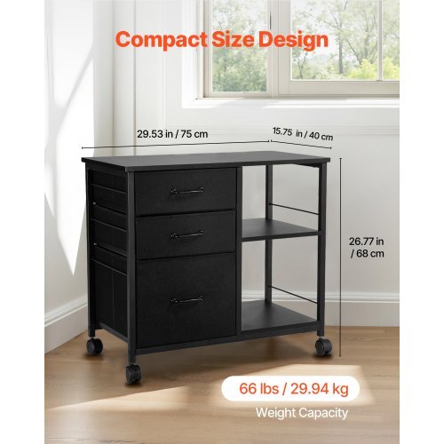 Metal File Cabinet, Mobile Filing Cabinet with 3 Fabric Drawers and 2 Open Shelves, Wooden Vertical Filing Storage Cabinets with Wheels for Letter, A4, Legal Size File, Easy Assembly, Black - American Smart