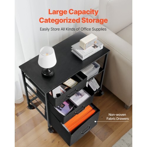 Metal File Cabinet, Mobile Filing Cabinet with 3 Fabric Drawers and 2 Open Shelves, Wooden Vertical Filing Storage Cabinets with Wheels for Letter, A4, Legal Size File, Easy Assembly, Black - American Smart