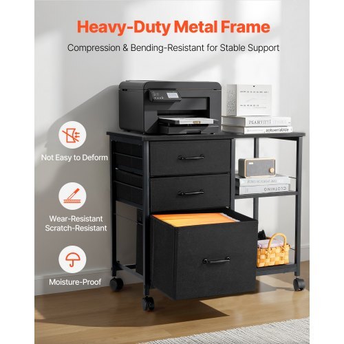 Metal File Cabinet, Mobile Filing Cabinet with 3 Fabric Drawers and 2 Open Shelves, Wooden Vertical Filing Storage Cabinets with Wheels for Letter, A4, Legal Size File, Easy Assembly, Black - American Smart