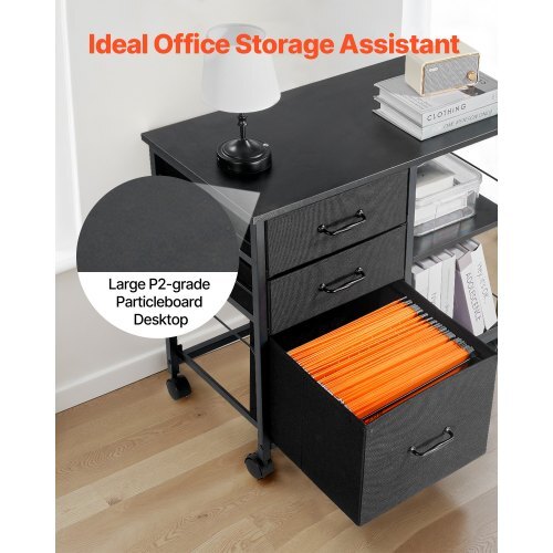 Metal File Cabinet, Mobile Filing Cabinet with 3 Fabric Drawers and 2 Open Shelves, Wooden Vertical Filing Storage Cabinets with Wheels for Letter, A4, Legal Size File, Easy Assembly, Black - American Smart