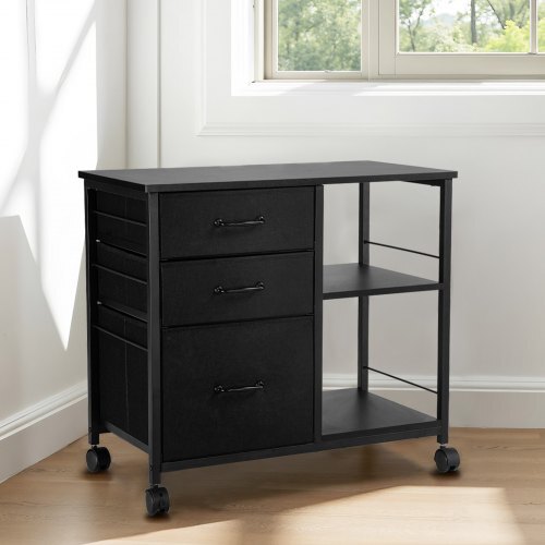 Metal File Cabinet, Mobile Filing Cabinet with 3 Fabric Drawers and 2 Open Shelves, Wooden Vertical Filing Storage Cabinets with Wheels for Letter, A4, Legal Size File, Easy Assembly, Black - American Smart