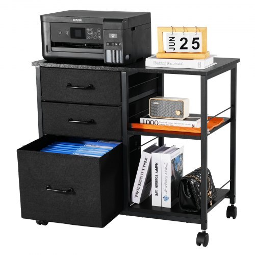 Metal File Cabinet, Mobile Filing Cabinet with 3 Fabric Drawers and 2 Open Shelves, Wooden Vertical Filing Storage Cabinets with Wheels for Letter, A4, Legal Size File, Easy Assembly, Black - American Smart