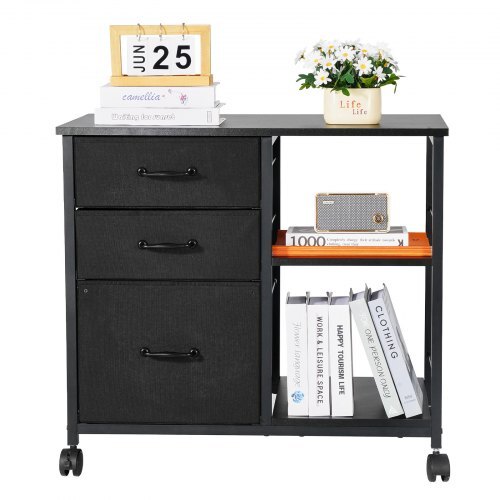 Metal File Cabinet, Mobile Filing Cabinet with 3 Fabric Drawers and 2 Open Shelves, Wooden Vertical Filing Storage Cabinets with Wheels for Letter, A4, Legal Size File, Easy Assembly, Black - American Smart