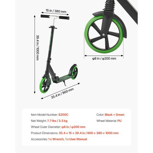 Kick Scooter for Kids Ages 8+, Teens & Adults, 2-Wheel Toddler Scooter with Adjustable Height Handlebar, Wide Anti-Slip Deck, Foldable Lightweight for Boys & Girls up to 220 lbs, Black + Green