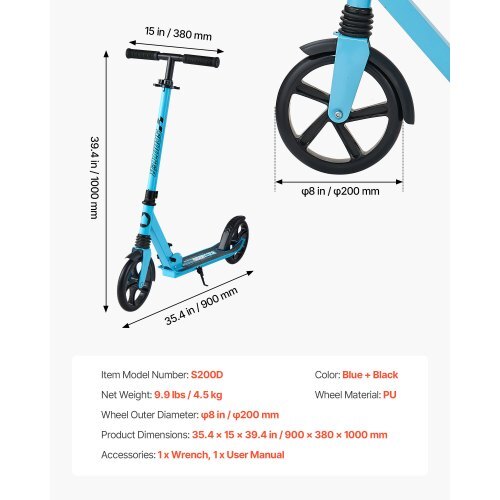 Kick Scooter for Kids Ages 8+, Teens & Adults, 2-Wheel Toddler Scooter with Adjustable Height Handlebar, Wide Anti-Slip Deck, Foldable Lightweight for Boys & Girls up to 220 lbs, Blue + Black
