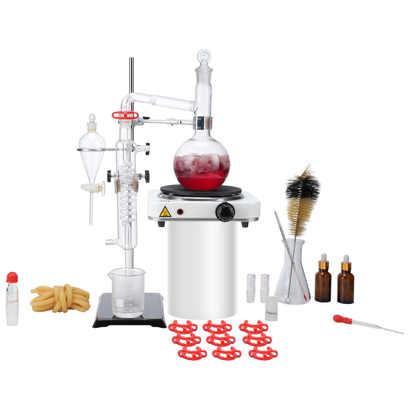 Essential Oil Distillation Kit, 500ml Distillation Apparatus, 3.3 Boro Lab Glassware Distillation Kit with 1000W Heating Plate and 24, 40 Joint, 33 pcs Set - American Smart