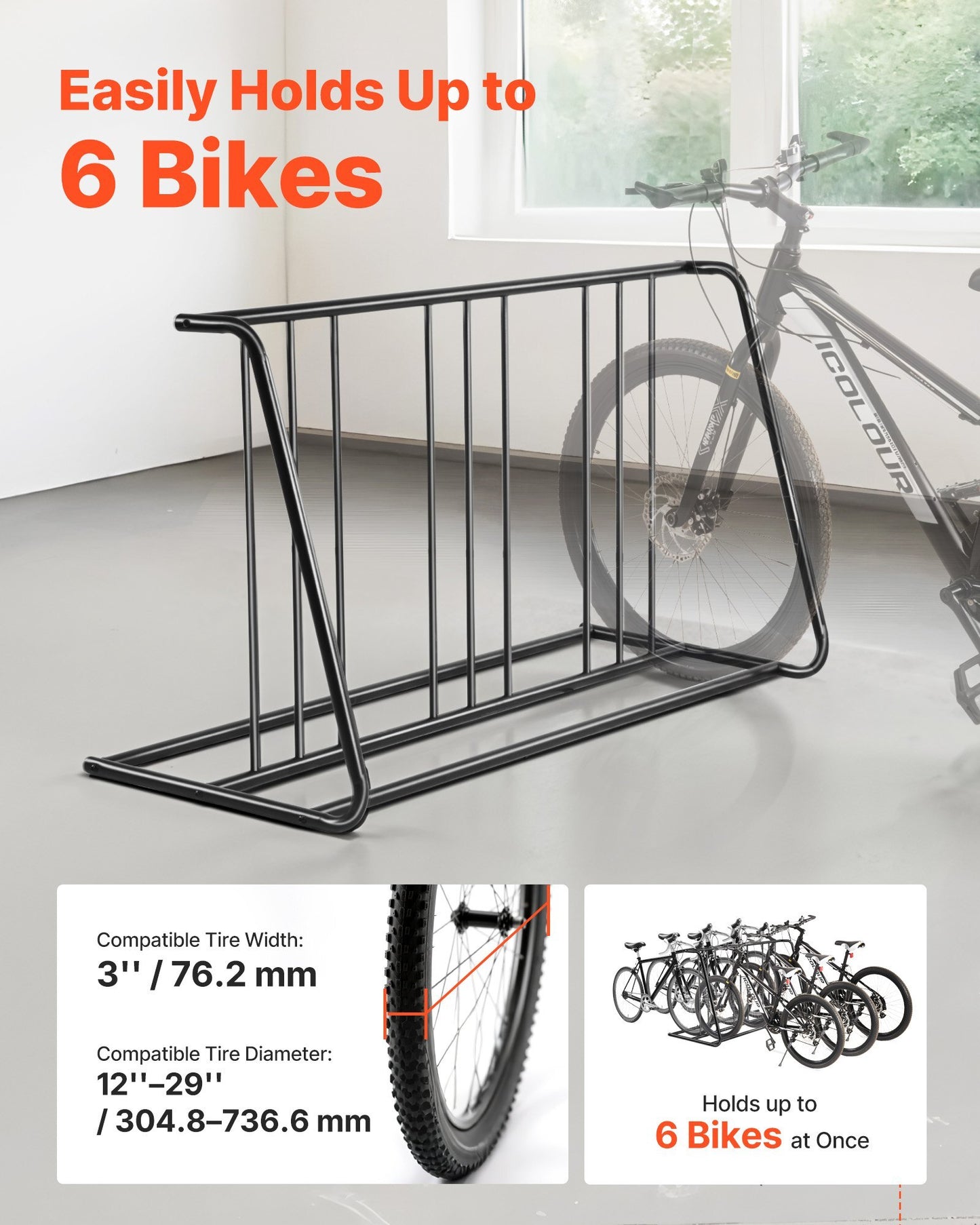 Bike Rack, Fits Tire Width 3 Inch/76.2 mm, Carbon Steel Double-Sided Grid Bike Rack Stand, Freestanding Bicycle Storage Holder for Curbside, Garage, Indoor, Outdoor Parking, 6-Bicycle Capacity