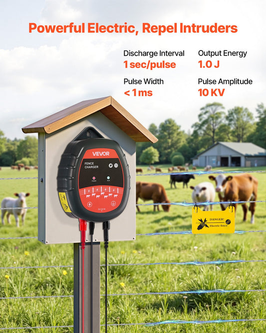 Electric Fence Charger, 10kV 1J, AC DC Electric Fence Energizer with LED Indicator, 1.86 Miles Range, Powerful Plug-in Fences Charger, Prevents Wild Animals Intrusion for Livestock Poultry