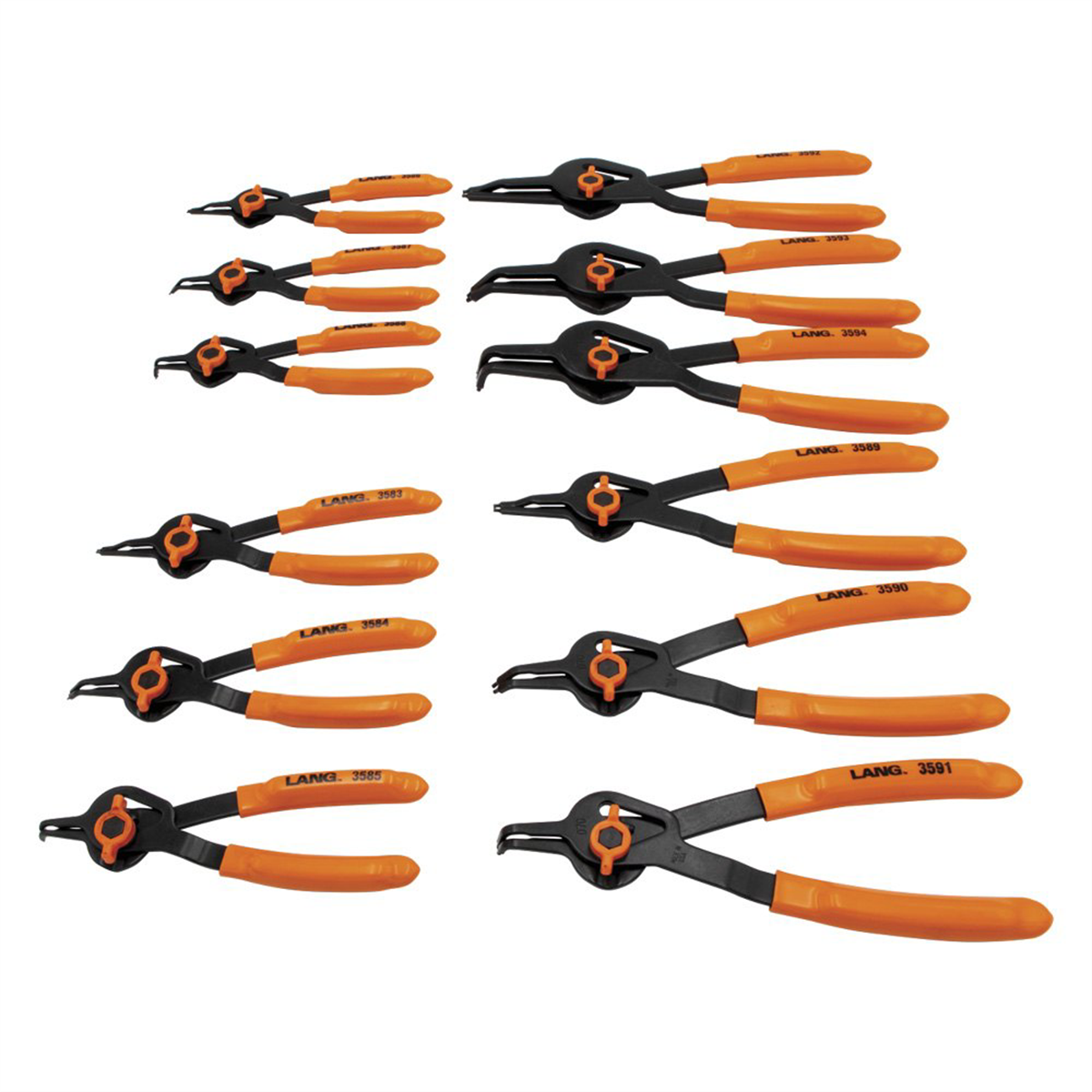 Lang Tools (Kastar) 12-piece combination snap ring plier set with internal and external pliers on a white background.