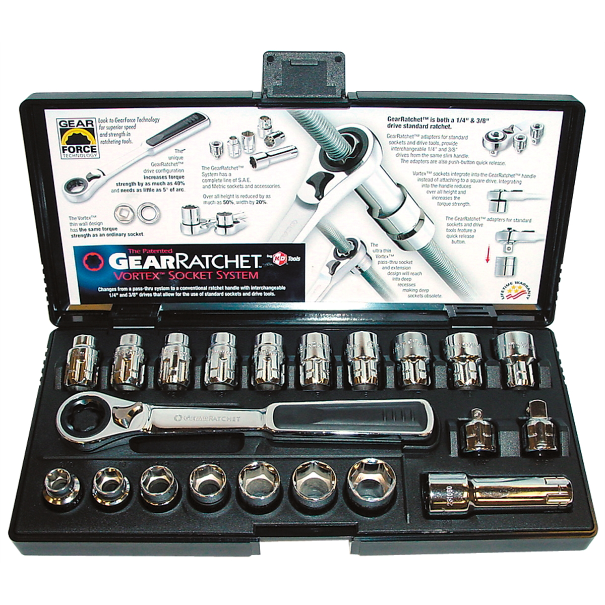 GearWrench 21-piece 3/8 inch drive pass-thru socket set with SAE and metric 6-point sockets on a workbench.