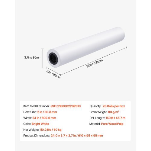Wide Format Paper, 24 in x 150 ft Plotter Roll, 20 Rolls CAD Bond Rolls with 2 in Core, 20 LB Bond Paper Rolls, Ideal for CAD Drawings, Engineering Plans, GIS Maps, and Architectural Designs - American Smart