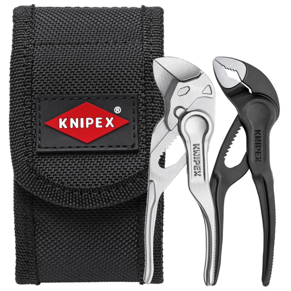 KNIPEX 2-piece mini pliers set with needle-nose and diagonal cutters in a black belt pouch for versatile hand tools.