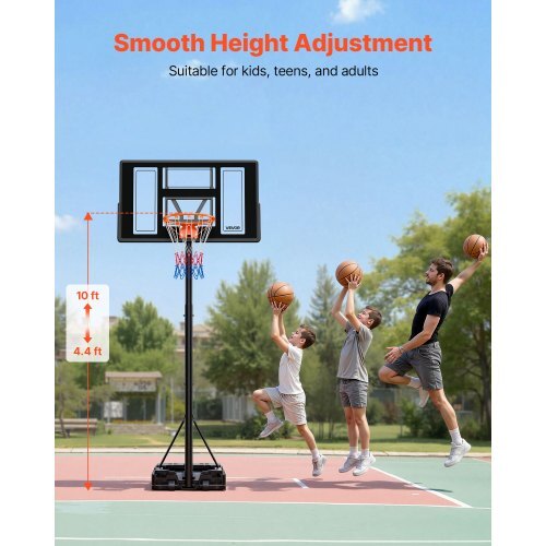 Portable Basketball Stand, 4.4 ft to 10 ft Height Adjustment Basketball Hoop & Goal, Adjustable Basketballs Goal System with Built-in Rolling Wheels for Kids, Teens, Adults in Driveways, Pools