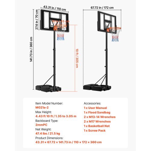 Portable Basketball Stand, 4.4 ft to 10 ft Height Adjustment Basketball Hoop & Goal, Adjustable Basketballs Goal System with Built-in Rolling Wheels for Kids, Teens, Adults in Driveways, Pools