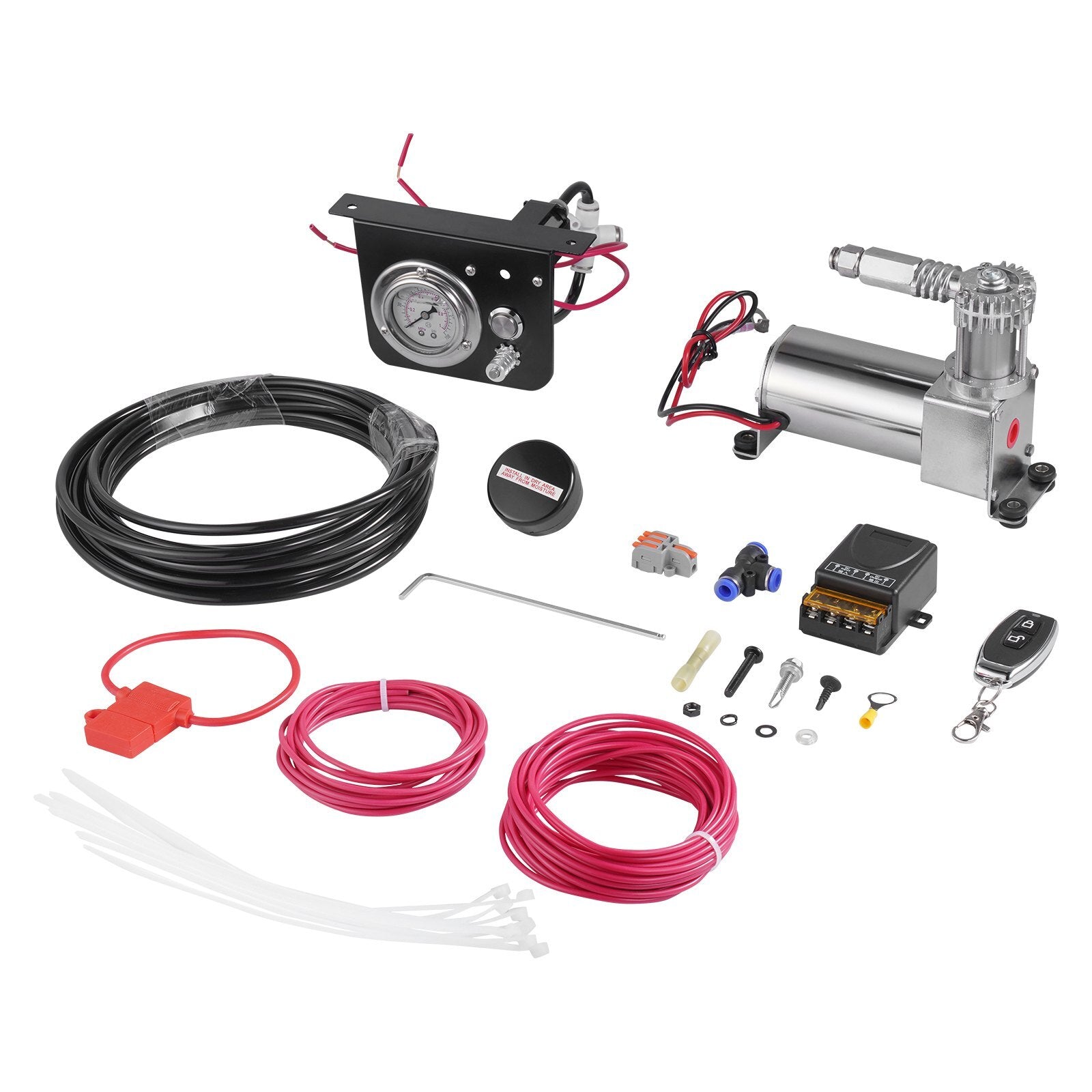Air Shock Controller Kit, 12V 100PSI On Board Air Compressor System, Air Ride Suspension Compressor Kit with Single Path System, Pressure Gauge & Air Line for Trucks Vans - American Smart