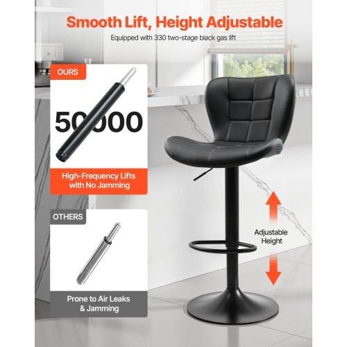 Bar Stool Set of 2, Modern PU Leather Counter Height Stools, Swivel Kitchen Barstool with Back and Footrest, Height Adjustable Armless Bar Chair, Island Barstools for Kitchen, Dining Room, Black