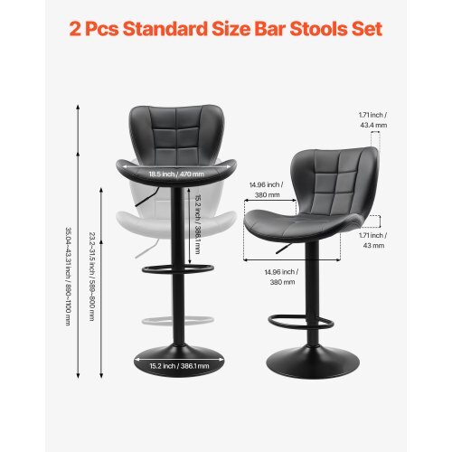 Bar Stool Set of 2, Modern PU Leather Counter Height Stools, Swivel Kitchen Barstool with Back and Footrest, Height Adjustable Armless Bar Chair, Island Barstools for Kitchen, Dining Room, Black