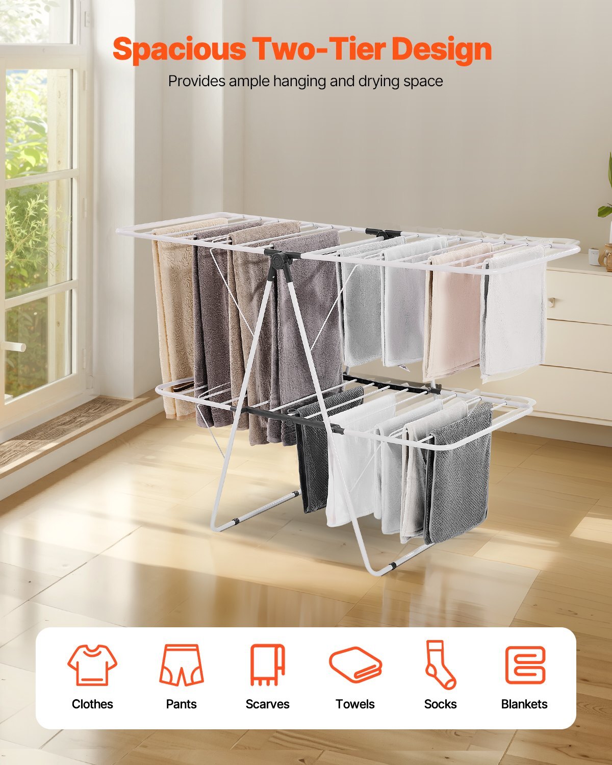 Clothes Drying Rack, 2-Tier Foldable Laundry Dryer Rack with Sock Clips & 31 Dry Rods, Metal Height Adjustable Drying Racks for Outdoor & Indoor, Free-Standing & Space-Saving Hanger, White - American Smart