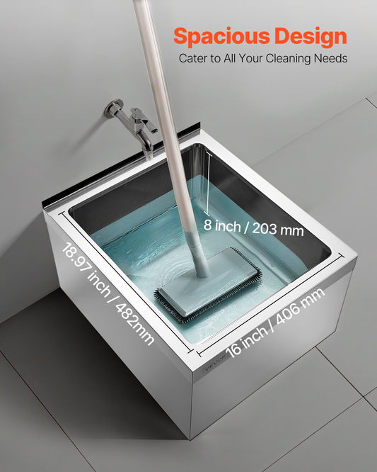 Stainless Steel Floor Mop Sink, 22 x 19 x 12 in, 304 Stainless Steel, with Backsplash, 3-in-1 Filter and Wall-Mounted Bracket, X-Shaped Groove for Quick Drainage, for Balcony and Bathroom