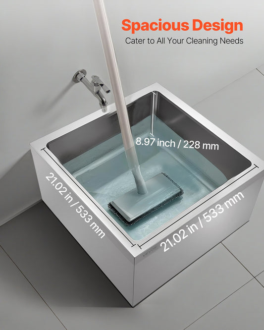 Stainless Steel Floor Mop Sink, 24 x 24 x 13 in, 304 Stainless Steel, with 3-in-1 Filter and Wall-Mounted Bracket, X-Shaped Groove for Quick and Smooth Drainage, for Balcony and Bathroom - American Smart