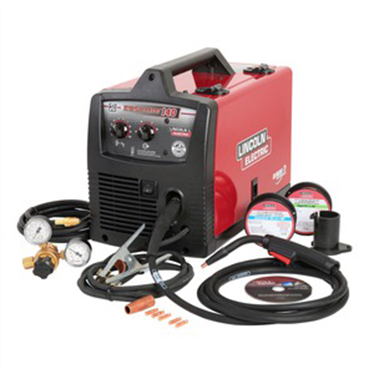 Lincoln Electric 110V Gas MIG welder with 140 AMP capacity, showing control panel and welding gun for versatile metal fabrication.