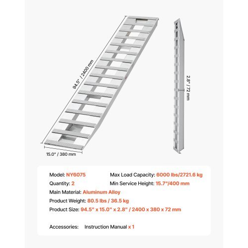 Loading Ramps, 2 Pcs 94 x 15 in, Durable Aluminum and Heavy-Duty Trailer Ramp Set with 16 Anti-Slip Plates, 6000 Lbs Combined Capacity, for Carts, Farm Tractors, ATVs, Lawn Mowers, Motorcycles