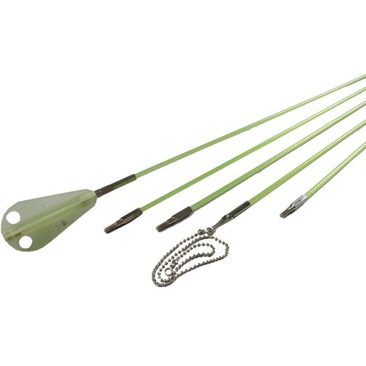 Green fiberglass wire running kit with installation components from Labor Saving Devices 81-130 Creep-Zit series for efficient wiring.