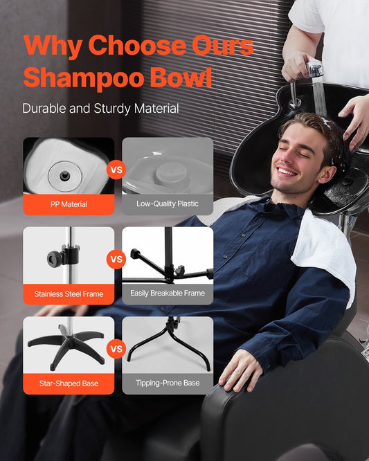 Portable Shampoo Bowl, Deep Shampoo Sink with Adjustable Height & Angle, Includes Drain Hose, Shower Head, Lightweight Hair Wash Basin for Barber Salon Spa Center & Home Use, Black - American Smart