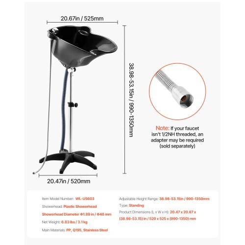 Portable Shampoo Bowl, Deep Shampoo Sink with Adjustable Height & Angle, Includes Drain Hose, Shower Head, Lightweight Hair Wash Basin for Barber Salon Spa Center & Home Use, Black - American Smart