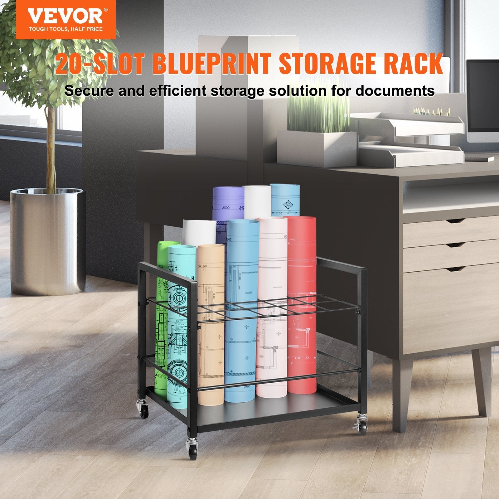 Blueprint Storage Rack, 20 Slots Blueprint Holder with Wheels, Mobile Metal Blueprint Storage Cart for Map Poster Architectural Construction Plan, Roll File Organizer for Home, Office, School - American Smart