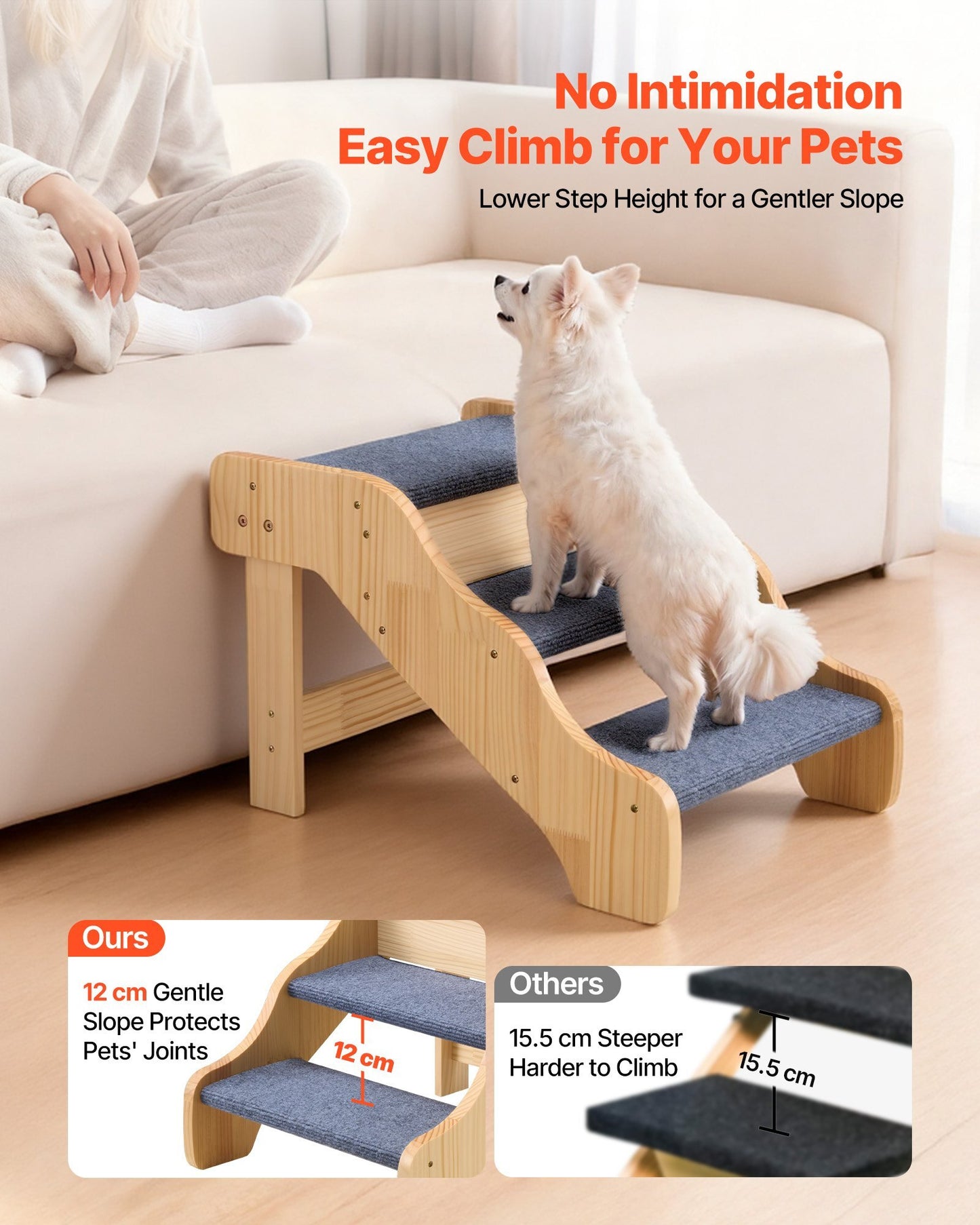 Wood Pet Stairs, 3-Step Dog Stairs for High Beds, Sofa & Cars, 150lbs Load Capacity, Non-Slip Surface, Stable Cat & Dog Step Ladder for Small Medium Large Older Pet Puppy Essentials - American Smart