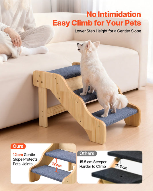 Wood Pet Stairs, 3-Step Dog Stairs for High Beds, Sofa & Cars, 150lbs Load Capacity, Non-Slip Surface, Stable Cat & Dog Step Ladder for Small Medium Large Older Pet Puppy Essentials - American Smart