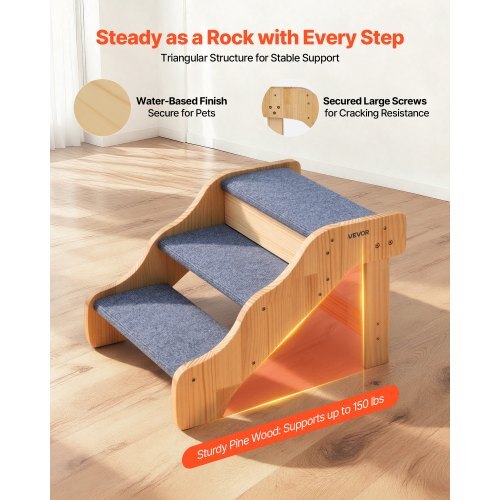 Wood Pet Stairs, 3-Step Dog Stairs for High Beds, Sofa & Cars, 150lbs Load Capacity, Non-Slip Surface, Stable Cat & Dog Step Ladder for Small Medium Large Older Pet Puppy Essentials - American Smart