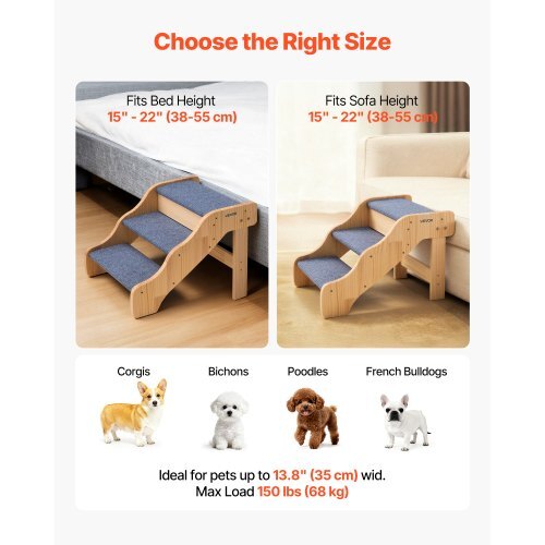 Wood Pet Stairs, 3-Step Dog Stairs for High Beds, Sofa & Cars, 150lbs Load Capacity, Non-Slip Surface, Stable Cat & Dog Step Ladder for Small Medium Large Older Pet Puppy Essentials - American Smart