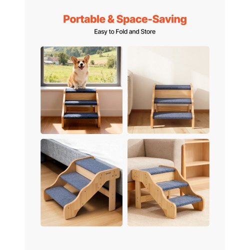Wood Pet Stairs, 3-Step Dog Stairs for High Beds, Sofa & Cars, 150lbs Load Capacity, Non-Slip Surface, Stable Cat & Dog Step Ladder for Small Medium Large Older Pet Puppy Essentials - American Smart