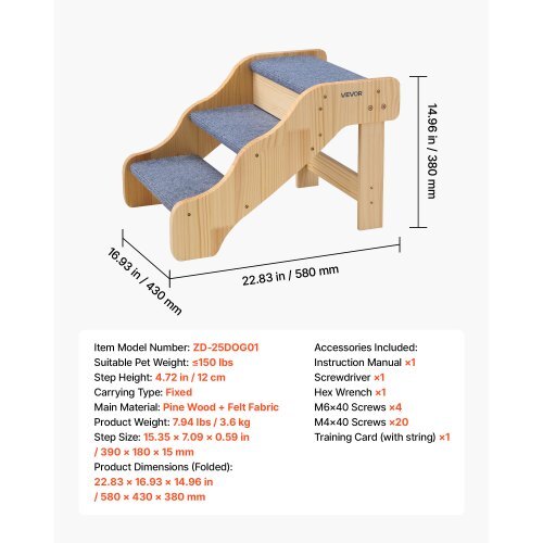 Wood Pet Stairs, 3-Step Dog Stairs for High Beds, Sofa & Cars, 150lbs Load Capacity, Non-Slip Surface, Stable Cat & Dog Step Ladder for Small Medium Large Older Pet Puppy Essentials - American Smart