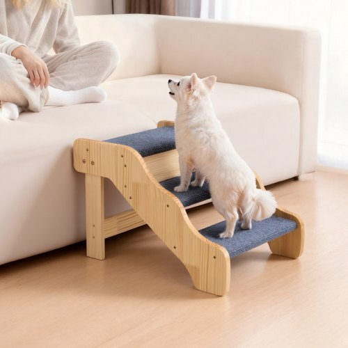 Wood Pet Stairs, 3-Step Dog Stairs for High Beds, Sofa & Cars, 150lbs Load Capacity, Non-Slip Surface, Stable Cat & Dog Step Ladder for Small Medium Large Older Pet Puppy Essentials - American Smart