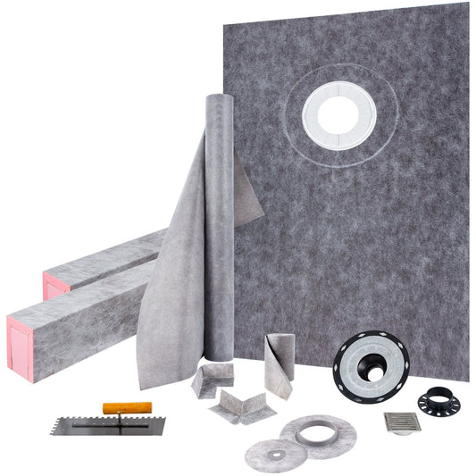 Shower Curb Kit 38" x 60" Watertight Shower Curb Overlay with 4" PVC Offset Bonding Flange, 4" Stainless Steel Grate, 2 Cuttable Shower Curb and Trowel, Shower Pan Slope Sticks Fit for Bathr - American Smart