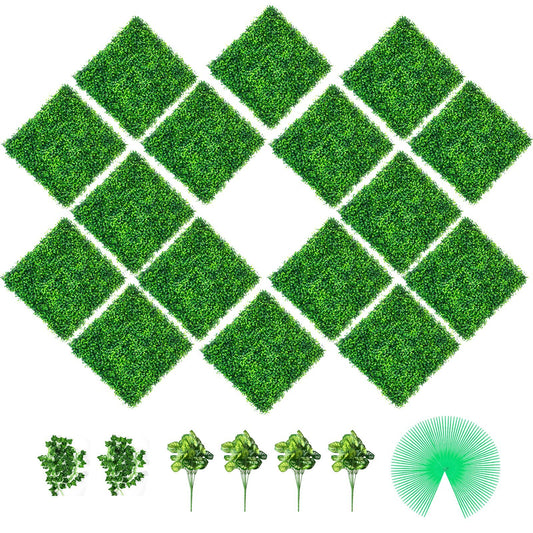 Artificial Boxwood Panels, 16 PCS 20"x20" Boxwood Hedge Wall Panels, PE Artificial Grass Backdrop Wall 1.6", Privacy Hedge Screen for Decoration of Outdoor, Indoor, Garden, Fence, and Backyar