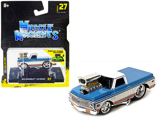 1972 Chevrolet C10 Pickup Truck Blue and White with Stripes 1/64 Diecast Model Car by Muscle Machines-0